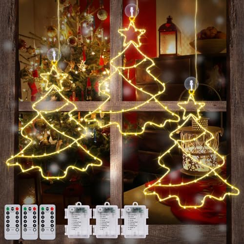 Herefun Weihnachtsdeko Fenster Beleuchtet, 3er Hängend Fensterlicht mit Saugnäpfe, LED Weihnachten Lichter, Vorhang Batteriebetrieben für Innen Außen von Herefun