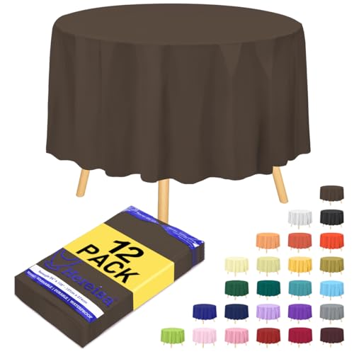 Hereisa Einweg-Tischdecken aus Kunststoff, Einweg-Tischdecken für Partys, Hochzeiten, dekorative runde Tischdecken, 213 cm, braune Kunststoff-Tischdecke, auslaufsicher und stabil, Braun, 12 Stück von Hereisa