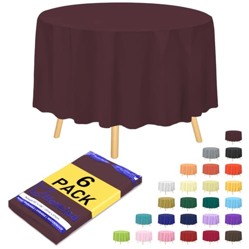 Hereisa Kunststoff-Tischdecken 213,4 cm, Einweg-Tischdecke, runde Tischdecke, Kunststoff-Tischdecken für Partys, Burgunderrot, 6 Stück von Hereisa
