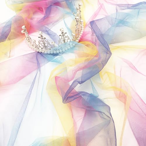 150cm Breit Tüll Stoff Regenbogen Netzstoff Tüll Meterware Weich und Fein Bunter Tüll für DIY Bekleidung Hochzeit Party Bankett Deko (Rosa+Lila+Blau+Gelb,1m) von Herfair