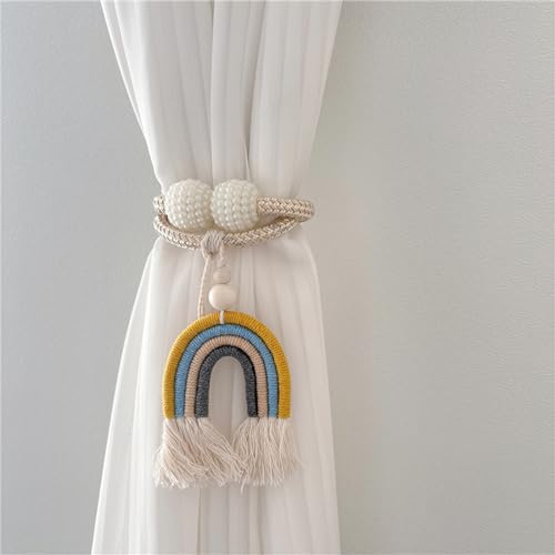 Herfair 2 Stück Vorhang Raffhalte Regenbogen Quasten Gardinenclips Raffhalter Seil, Boho Vorhanghalter, Gardinen Haken Ringe Bär für Kinderzimmer Dekoration (Gelb) von Herfair
