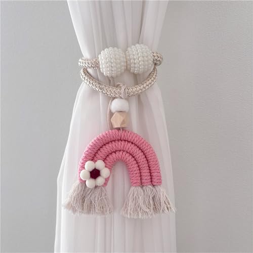 2 Stück Vorhang Raffhalte Regenbogen Quasten Gardinenclips Raffhalter Seil, Boho Vorhanghalter, Gardinen Haken Ringe Bär für Kinderzimmer Dekoration (Rosa Blume) von Herfair