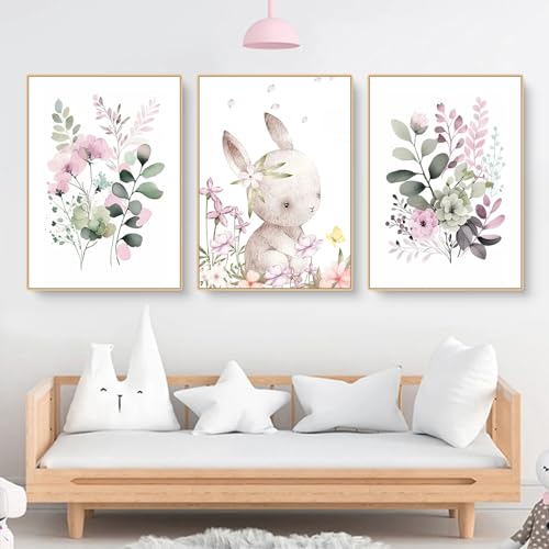 Bilder Kinderzimmer 3er Set, Kaninchen und Blatt Blume Bilder, Wandbilder Deko Hase Bilder Kinderzimmer Mädchen und Jungen Babyzimmer Deko, Ohne Rahmen (30x40cm) von Herfair