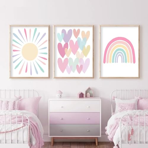 Bilder Kinderzimmer Poster Regenbogen Herzen Boho Wandposter, Bilder Set Junge Mädchen Babyzimmer Kinderbilder, Wandposter Premium, Ohne Rahmen (21x30cm) von Herfair