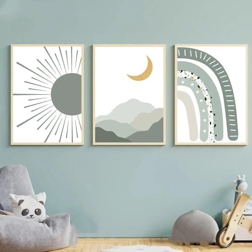 Herfair 3er Set Poster Kinderzimmer, Grün Regenbogen Sonne Bilder, Wandbilder Bilder Boho Babyzimmer Deko Wandposter für Kinder Junge Mädchen, Ohne Rahmen (21x30cm) von Herfair