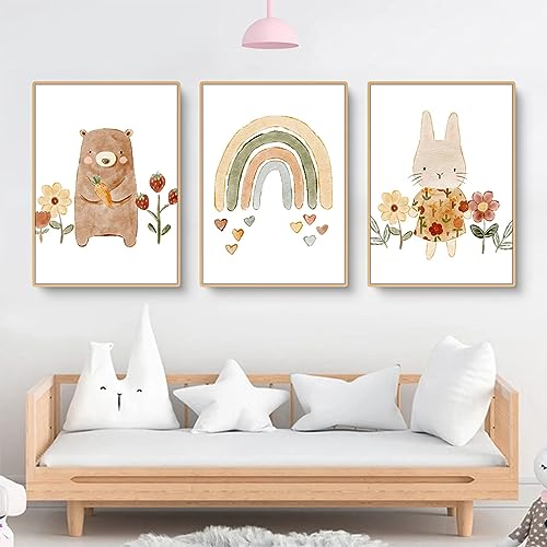 Herfair 3er Set Wandbilder Regenbogen Kinderzimmer Babyzimmer Poster, Bär Kaninchen Bilder Kinderzimmer Boho Deko Bilder Set Junge Mädchen, Ohne Rahmen (21x30cm) von Herfair