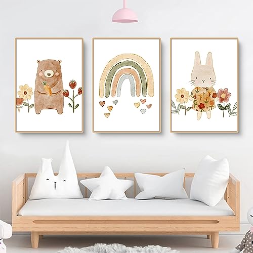 Herfair 3er Set Wandbilder Regenbogen Kinderzimmer Babyzimmer Poster, Bär Kaninchen Bilder Kinderzimmer Boho Deko Bilder Set Junge Mädchen, Ohne Rahmen (30x40cm) von Herfair