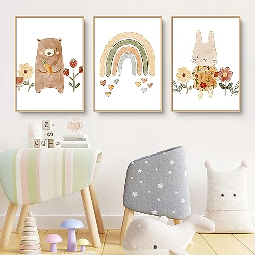Herfair 3er Set Wandbilder Regenbogen Kinderzimmer Babyzimmer Poster, Bär Kaninchen Bilder Kinderzimmer Boho Deko Bilder Set Junge Mädchen, Ohne Rahmen (40x50cm) von Herfair
