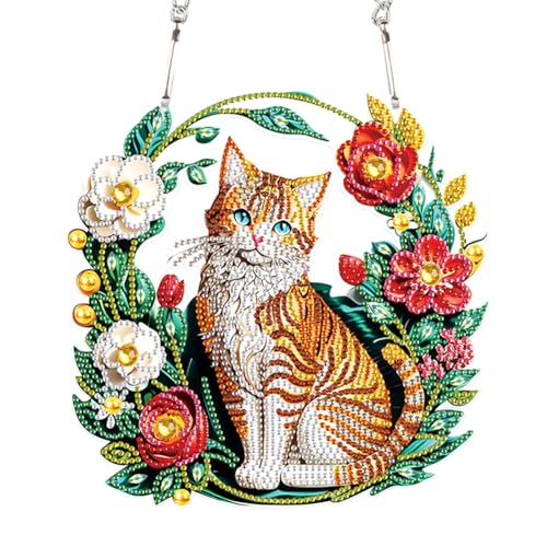 Herfair 5D Diamond Painting Anhänger, Katzen Bilder Diamant Malerei Kits, DIY Diamond Painting Kranz Schmetterling Türkranz Fensterbilder Kunst Handwerk Kranz Wanddekor (Gelb Katzen) von Herfair