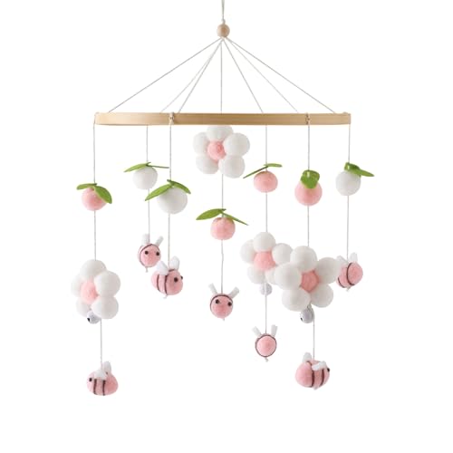 Herfair Bienen Baby Mobiles Bettglocke Blumen, Mobile Baby Windspiele Babybett Anhänger Baby Mobile für Bett Kinderbett Holz mit Filzbällen Dekor Neugeborenen Geschenk (Rosa) von Herfair