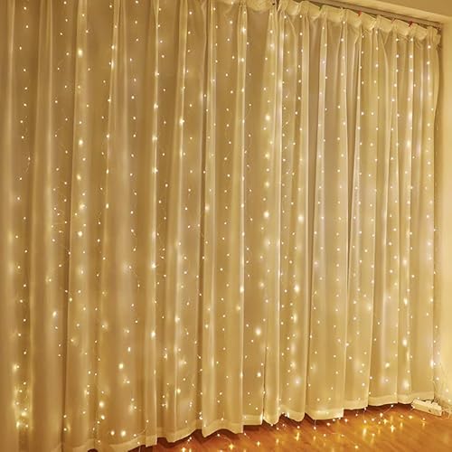 Herfair Lichterketten Vorhang,Lichtervorhang innen außen 3x3m 300 LED Lichterketten Warmweiß,mit 10 Haken 8 Modi, Dimmbar Lichterkette Aussen für Weihnachten, Hochzeit,Party (warme Farbe) von Herfair