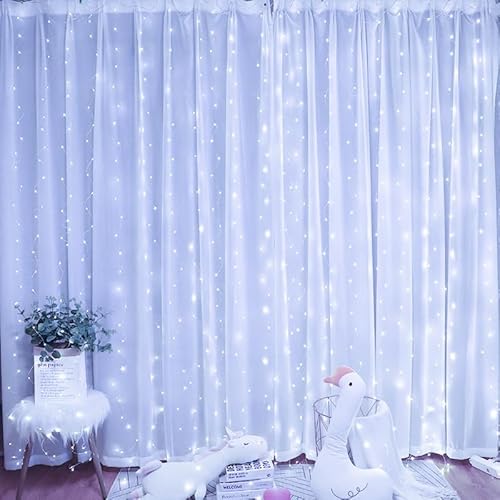 Herfair Lichterketten Vorhang,Lichtervorhang innen außen 3x3m 300 LED Lichterketten Warmweiß,mit 10 Haken 8 Modi, Dimmbar Lichterkette Aussen für Weihnachten, Hochzeit,Party (weißes Licht) von Herfair