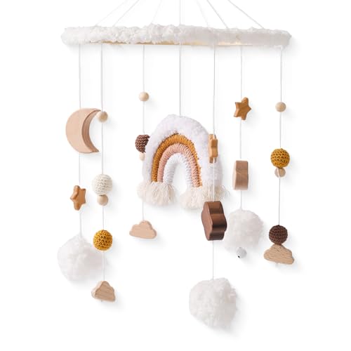 Herfair Mobile Baby Windspiele, Regenbogen Babybett Baby Mobiles Hölz mit Filzbällen, Wolke Stern Mobile Baby Anhänger Neugeborenen Geschenk für Baby Mädchen Junge (Braun) von Herfair