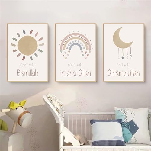 Herfair Poster Kinderzimmer, 3er Set Sonne Regenbogen Mond Kinderposter, Islamische Bilder Kinderzimmer, Wandbilder Leinwand, Ohne Rahmen (21x30cm) von Herfair