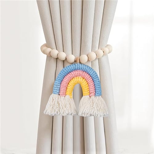 Herfair Vorhang Raffhalter Magnetische, 2 Stück Regenbogen Quasten Gardinenhalter mit Holzperle, Boho Gardinenclips Vorhangschnalle für Kinderzimmer Deko (Regenbogen-A) von Herfair