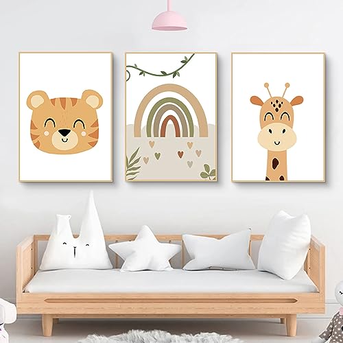 Poster Kinderzimmer 3er Set, Regenbogen Cartoon-Tiere Bilder Kinderzimmer, Wandbilder Deko Bilder Kinderzimmer Mädchen und Jungen, Ohne Rahmen (50x70cm) von Herfair