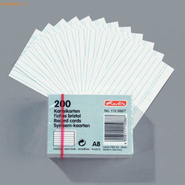 10 x Herlitz Karteikarten A8 liniert weiß VE=200 Stück 10 x Herlitz Karteikarten A8 liniert weiß VE=200 Stück von Herlitz