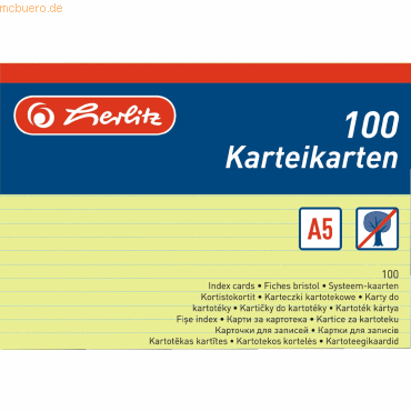 4 x Herlitz Karteikarten A5 liniert VE=100 Stück gelb 4 x Herlitz Karteikarten A5 liniert VE=100 Stück gelb von Herlitz