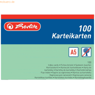 4 x Herlitz Karteikarten A5 liniert VE=100 Stück grün 4 x Herlitz Karteikarten A5 liniert VE=100 Stück grün von Herlitz