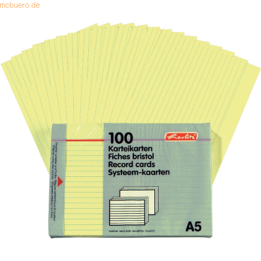 4 x Herlitz Karteikarten A5 liniert gelb VE=100 Stück von Herlitz