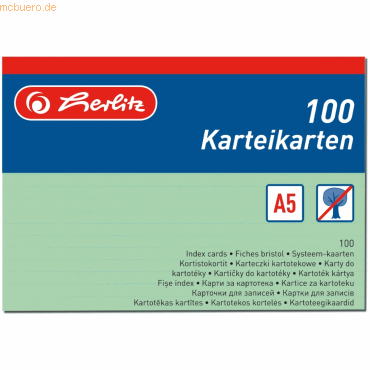 4 x Herlitz Karteikarten A5 liniert grün VE=100 Stück 4 x Herlitz Karteikarten A5 liniert grün VE=100 Stück von Herlitz
