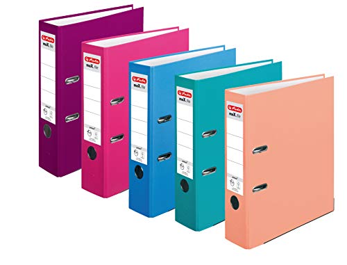 5 Stück Herlitz Ordner maX.file protect A4 8cm PP-Kunststoffbezug/Papier hellgr.besch. [ Farben sortiert ] 5 Farben von Herlitz