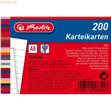 8 x Herlitz Karteikarten A8 170g/qm liniert weiß VE=200 Stück 8 x Herlitz Karteikarten A8 170g/qm liniert weiß VE=200 Stück von Herlitz