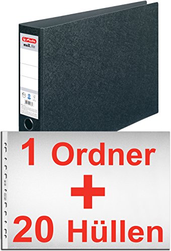 Herlitz 10397073 Ordner maX.file A3 quer, Hartpappe, 7,5 cm, schwarz/Kombi-Set (1 Ordner + 20 Hüllen) von Herlitz