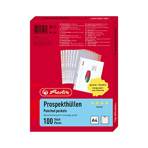 Herlitz 10840320 Prospekthülle A4 genarbt, Premium 100er Packung,dokumentenecht von Herlitz