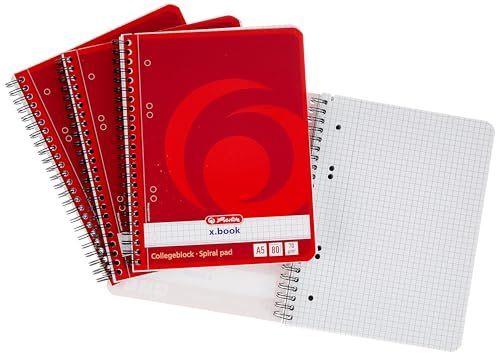 Herlitz 297515 Notizblock mit Seitenspirale, 70 g/qm, A5, liniert, 80 Blatt (4er Packung, Kariert) von Herlitz