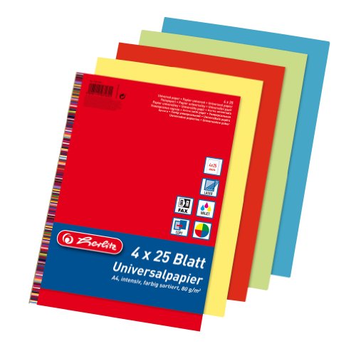 Herlitz 5031604 Universalpapier Colourmix intensiv, A4, 80 g/qm, 100 Blatt farbig sortiert: rot, blau, grün, gelb von Herlitz