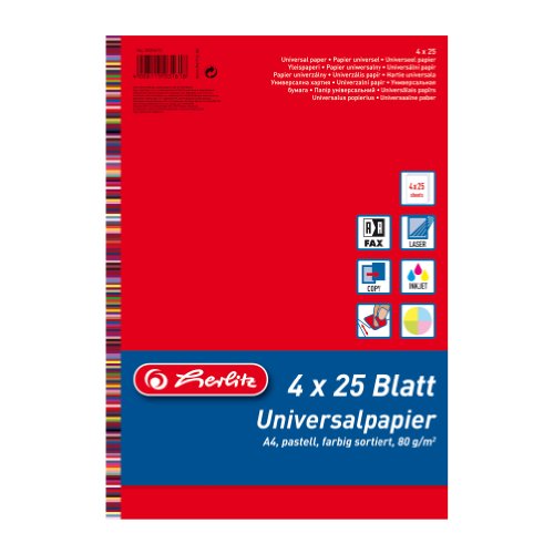 Herlitz 5031612 Universalpapier Colourmix pastell, A4, 80 g/qm, 100 Blatt farbig sortiert: rot, blau, grün, gelb von Herlitz