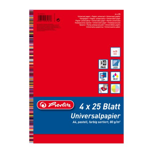 Herlitz 5031612 Universalpapier Colourmix pastell, A4, 80 g/qm, 100 Blatt farbig sortiert: rot, blau, grün, gelb Herlitz 5031612 Universalpapier Colourmix pastell, A4, 80 g/qm, 100 Blatt farbig sortiert: rot, blau, grün, gelb von Herlitz