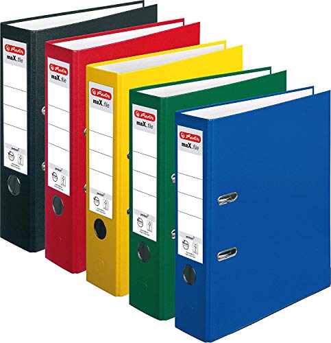 Herlitz 5480801 Ordner maX.file protect A4 (8 cm mit Einsteckrückenschild) (sortiert | 5er Pack) schwarz, rot, blau, grün und gelb von Herlitz