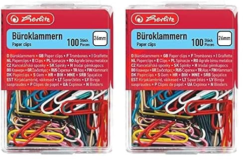 Herlitz 8760811 Büroklammer 26 mm, kunststoffummanteltes Metall, 100 Stück in Hängebox, farbig sortiert (Packung mit 2) von Herlitz