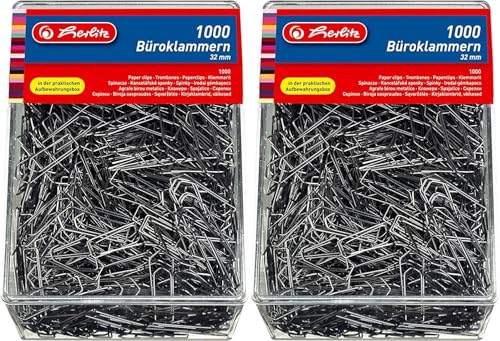 Herlitz 8859100 Büroklammer Brief-, Aktenklammer 32mm verzinkt 1.000er Transparentbox (2000 Stück) von Herlitz