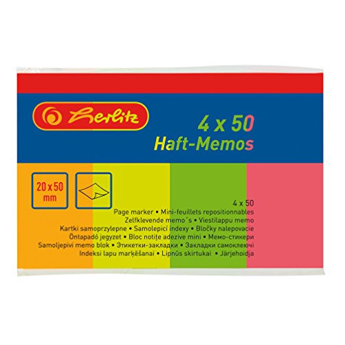 Herlitz Haft-Memos 4x 50 Blatt, 1 Stück, eingeschweißt, 20 x 50 mm, neon gelb / pink / orange / grün von Herlitz