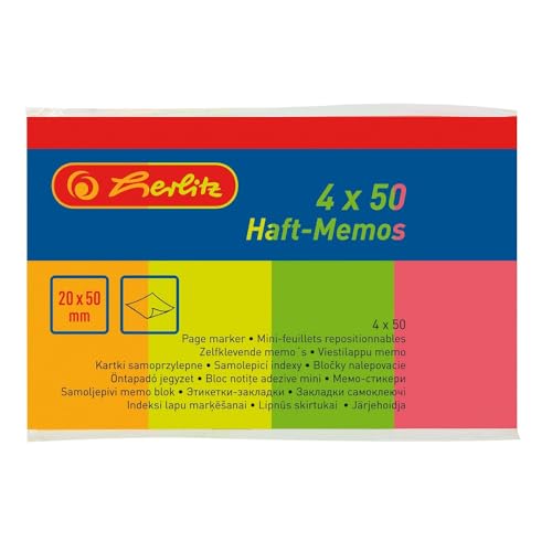 Herlitz Haft-Memos 4x 50 Blatt, 1 Stück, eingeschweißt, 20 x 50 mm, neon gelb / pink / orange / grün von Herlitz