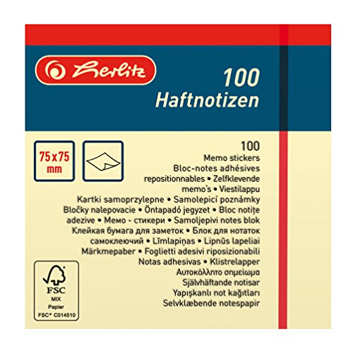 Herlitz Haftnotizen, 100 Blatt, 1 Stück, eingeschweißt, 75 x 75 mm, hellgelb von Herlitz