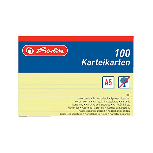 Herlitz Karteikarten A5, 170 g/m², holzfrei, 100er Packung, liniert (Gelb | Liniert, Menge: 1 Packung) von Herlitz