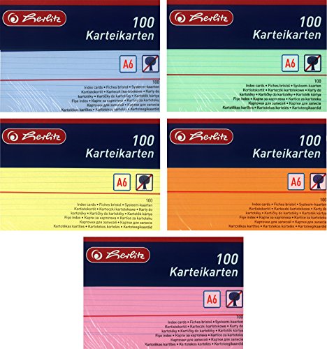 Herlitz Karteikarten A6, Liniert (500 Stück, Farbig Sortiert in Grün, Gelb, Rot, Blau & Orange) von Herlitz