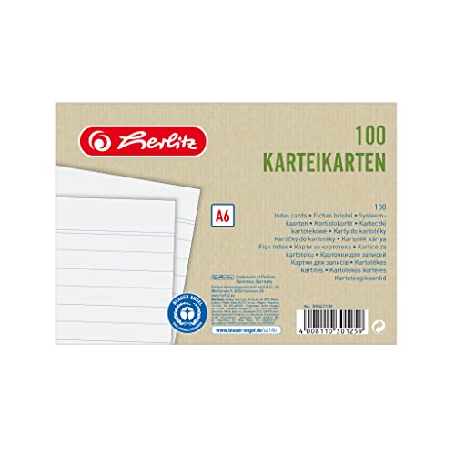 Herlitz Karteikarten A6, liniert, Weiß, Blauer Engel, 100 Stück, für Vokabeln, als Lernkarten und Moderationskarten, 50041138 Herlitz Karteikarten A6, liniert, Weiß, Blauer Engel, 100 Stück, für Vokabeln, als Lernkarten und Moderationskarten, 50041138 von Herlitz