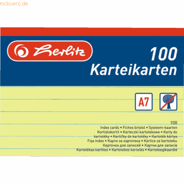 Herlitz Karteikarten A7 liniert VE=100 Stück gelb von Herlitz