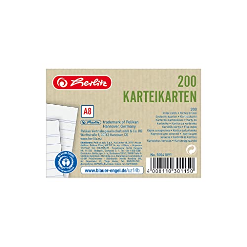 Herlitz Karteikarten A8, liniert, Weiß, Blauer Engel, 200 Stück, für Vokabeln, als Lernkarten und Moderationskarten, 50041091 Herlitz Karteikarten A8, liniert, Weiß, Blauer Engel, 200 Stück, für Vokabeln, als Lernkarten und Moderationskarten, 50041091 von Herlitz
