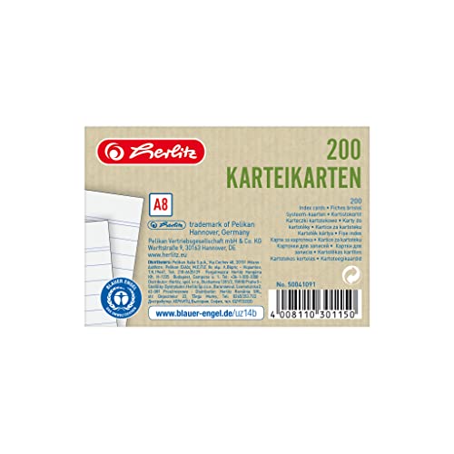 Herlitz Karteikarten A8, liniert, Weiß, Blauer Engel, 200 Stück, für Vokabeln, als Lernkarten und Moderationskarten, 50041091 von Herlitz