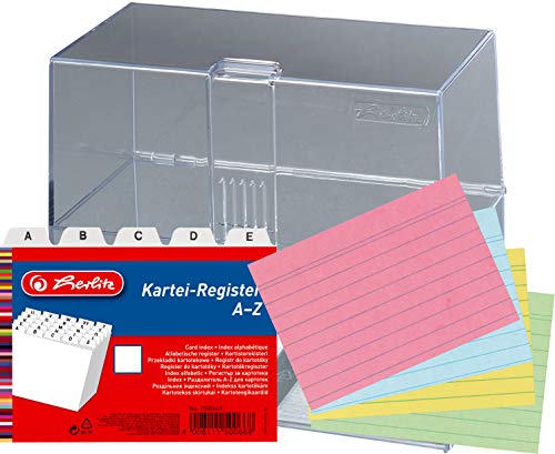 Herlitz Karteikasten A6 transparent inklusive Karteiregister A - Z und 200 Karteikarten farbig sortiert Herlitz Karteikasten A6 transparent inklusive Karteiregister A - Z und 200 Karteikarten farbig sortiert von Herlitz