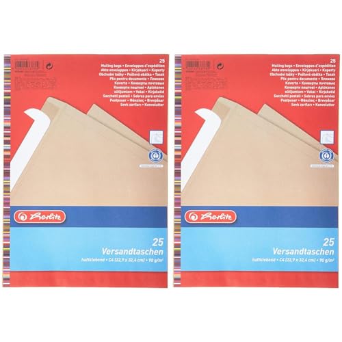 Herlitz Versandtasche C4 90 g Haftklebend, Recyclingpapier, blauer Engel, 25-er Packung, eingeschweißt, braun (Packung mit 2) von Herlitz