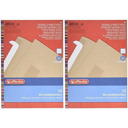 Herlitz Versandtasche C4 90 g Haftklebend mit Fenster, Recyclingpapier, blauer Engel, 10-er Packung, eingeschweißt, braun (Packung mit 2) von Herlitz