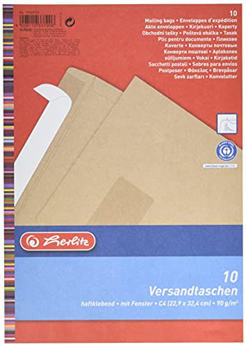 Herlitz Versandtasche C4 90 g Haftklebend mit Fenster, Recyclingpapier, blauer Engel, 10-er Packung, eingeschweißt, braun Herlitz Versandtasche C4 90 g Haftklebend mit Fenster, Recyclingpapier, blauer Engel, 10-er Packung, eingeschweißt, braun von Herlitz