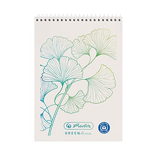 herlitz 50033560 Spiral-Notizblock A7, 50 Blatt, kariert, Motiv: GREENline Ginkgo, 5 Stück von Herlitz